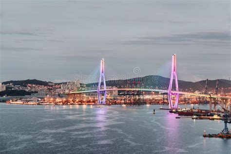 Wonderful View Of Busan Harbor Bridge And The Port Of Busan Stock Photo