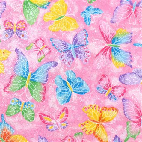 Crystalline Butterflies On Pink W Glitter Fabric Traditions 7936