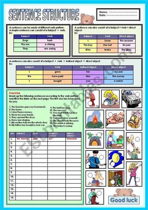 Esl Sentence Structure Worksheet