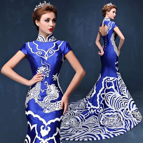 Luxury Royal Blue Backless Cheongsam Qipao Dresses Chinese Evening Gown