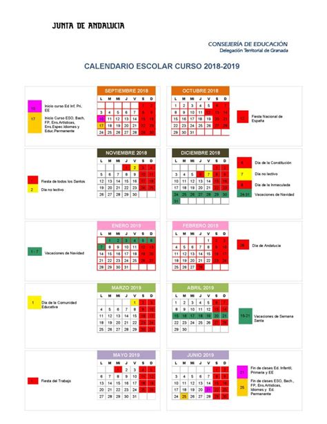 Cuadro Calendario Escolar 2018 2019 Colegio La Presentación