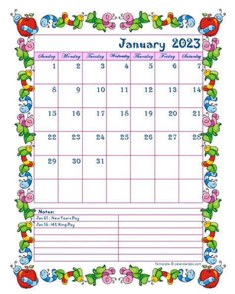2023 Monthly Kids Calendar Template Design Free Printable Templates