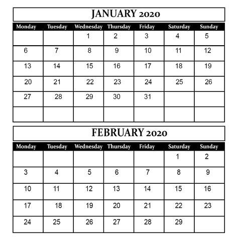 January And February 2020 Free Printable Calendar