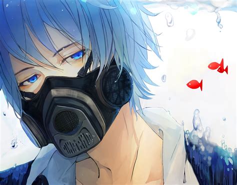 Well,most of it is black. Blue haired male anime character wearing gas mask ...