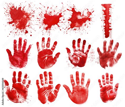 Collection Blood Stain And Bloody Handprints Isolated On Transparent