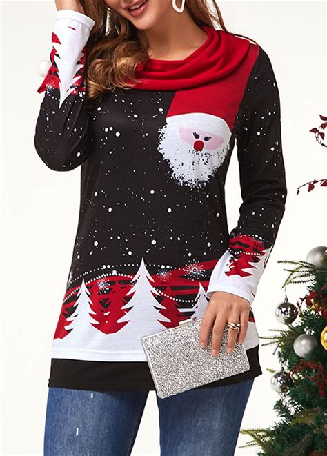 Embellished Neck Long Sleeve Christmas Print T Shirt Usd