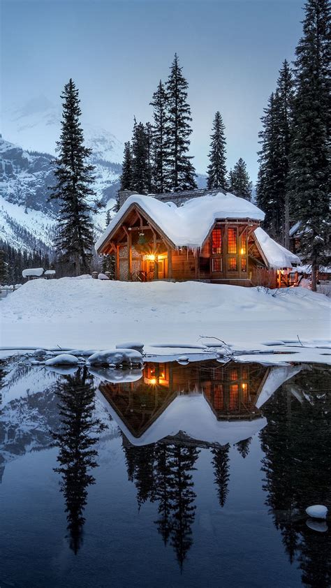 Download Wallpaper 938x1668 House Mountains Snow Lake
