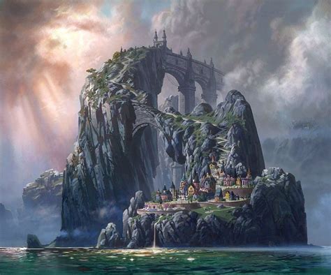 A Painting Of A Castle On Top Of A Mountain In The Ocean With Sun Rays
