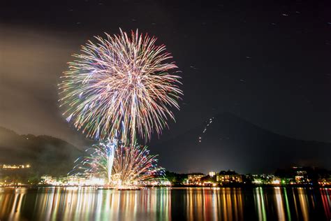 夏の河口湖の代名詞河口湖湖上祭 前夜祭は 月 日に大花火大会は 月 日に開催します 特大スターマインや大玉連発花火演出花火