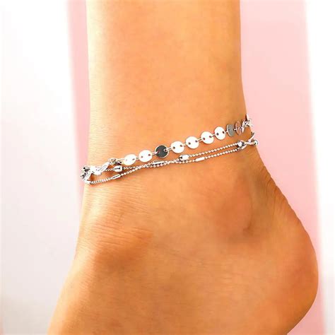 Xy Fancy Women Anklet 3 Layers Charm Sequin Bead Anklet Set Summer