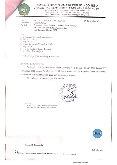 Surat Edaran Gubernur Aceh Tentang Pelaksanaan Hari Libur Nasional Dan