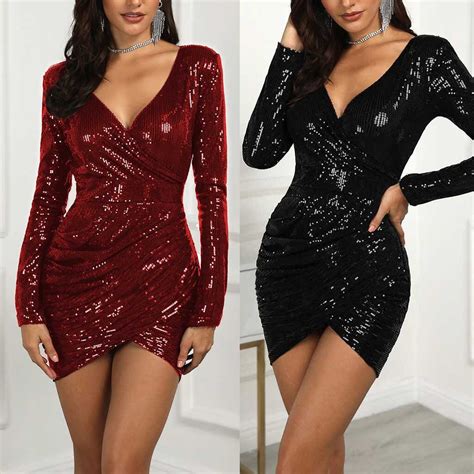 Sexy Lady Women Dresses Sundress Deep V Sequins Wrap Ruched Long Sleeve Vestidos Nightclub Mini