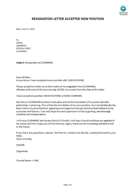 Resignation Letter Accepted New Position Templates At