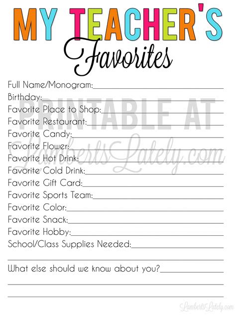 Teacher Favorite Things Free Printable Lamberts Lately