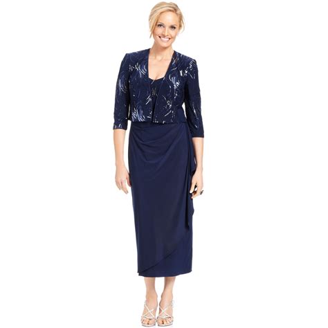 Alex Evenings Sleeveless Sequin Faux Wrap Dress And Jacket In Navy