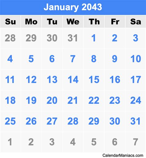 January 2043 Calendar