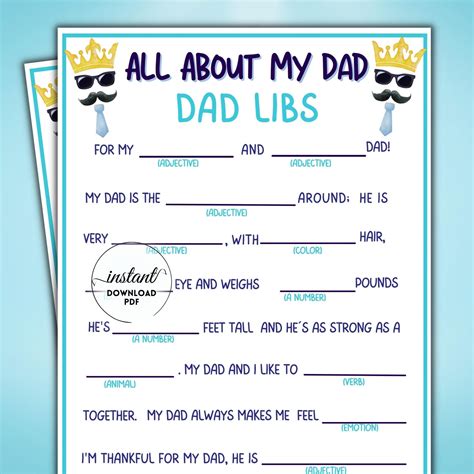 About My Dad Fathers Day Mad Libs Activity Printable For Etsy