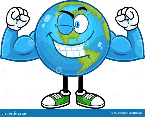 Smiling Earth Globe Cartoon Character Winking And Showing Muscle Arms