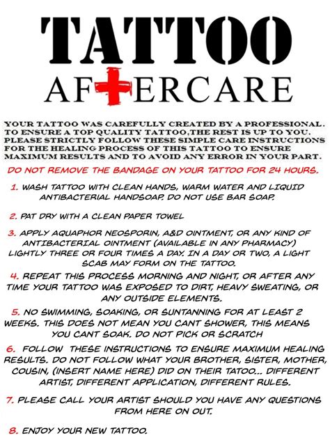 Tattoo Aftercare Instructions Printable