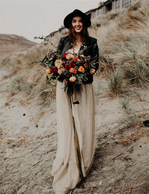Nude Maxi Skirt And Leather Jacket Bride Elopement Style Boho Chic