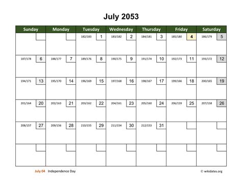 July 2053 Calendar With Day Numbers