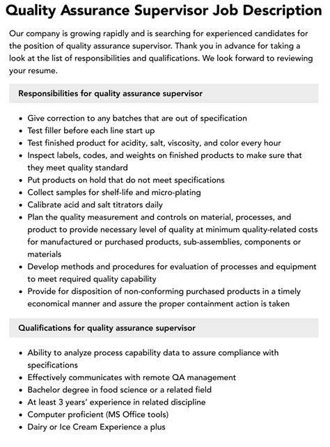 Quality Assurance Supervisor Job Description Velvet Jobs