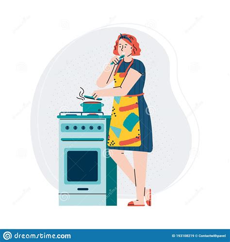 Woman Cooking Food On Kitchen Stove Cartoon Girl Tasting Boiling Soup