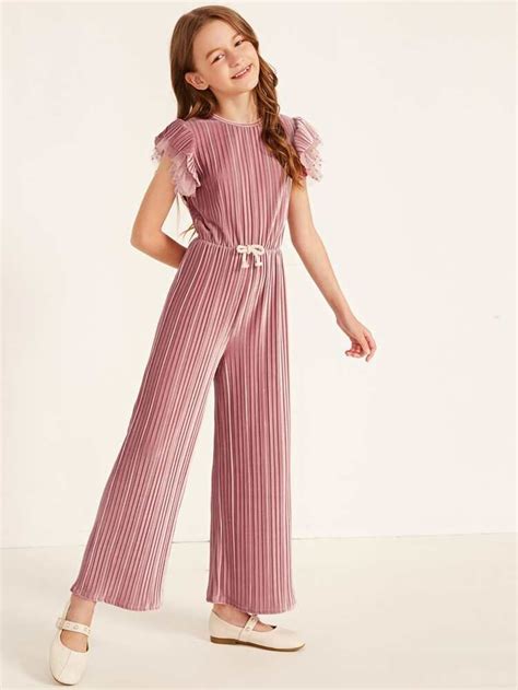 Girls Glitter Mesh Insert Layered Ruffle Sleeve Velvet Jumpsuit Shein Usa Simple Trendy