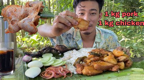 full chicken roast mukbang with pork curry food vlog in jungle part 2 youtube