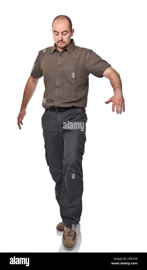 Worry Man Try To Make Step Isolated On White Stock Photo Alamy