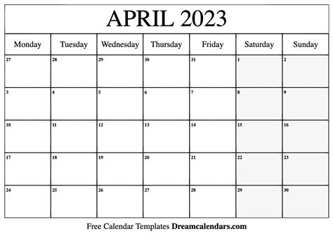 April 2023 Word Calendar April 2023 Calendar Free Printable Calendar