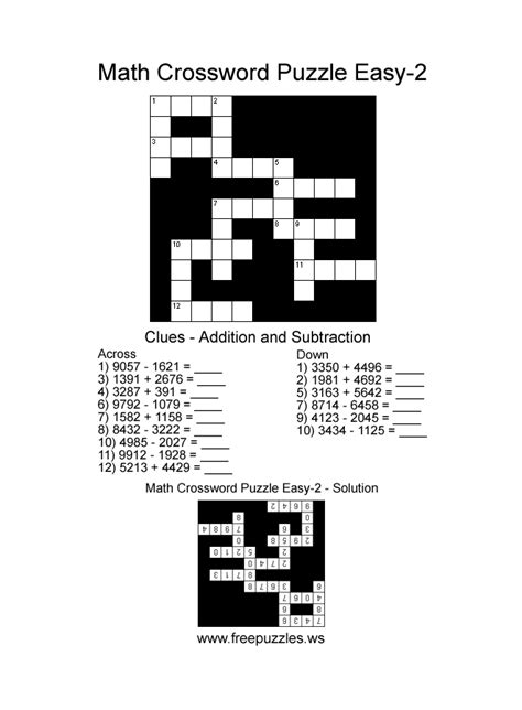 .puzzles for kids, word puzzles for teaching kids, vocabulary crossword puzzles for beginners, worksheets for esl kids, children's puzzles, worksheets, crossword with answer sheets, free esl puzzles. Math Crossword Puzzles - Easy Puzzle Two - Free Puzzles