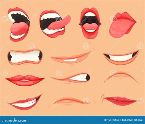 Set Of Female Lips With Various Mouth Emotions And Expressions Vector