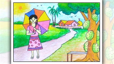 How To Draw Summer Season Scenery Village Scenery Drawing Easy