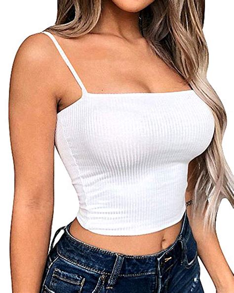 YMDUCH Women S Sexy Crop Top Stretch Spaghetti Strap Ribbed Knitted Basic Cami Sexy Crop Top