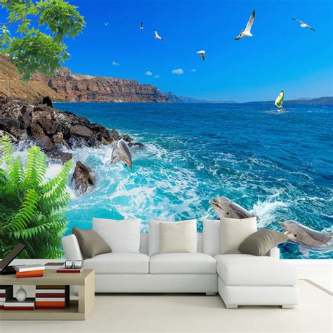 Custom 3d Photo Mural Wallpaper Sea Sky Dolphin Seagulls Bvm Home