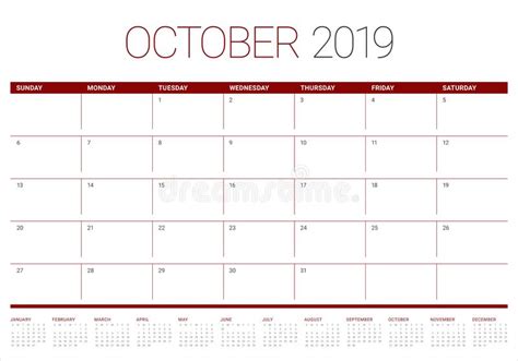 October 2019 Monthly Calendar Vector Illustration Stock Vector