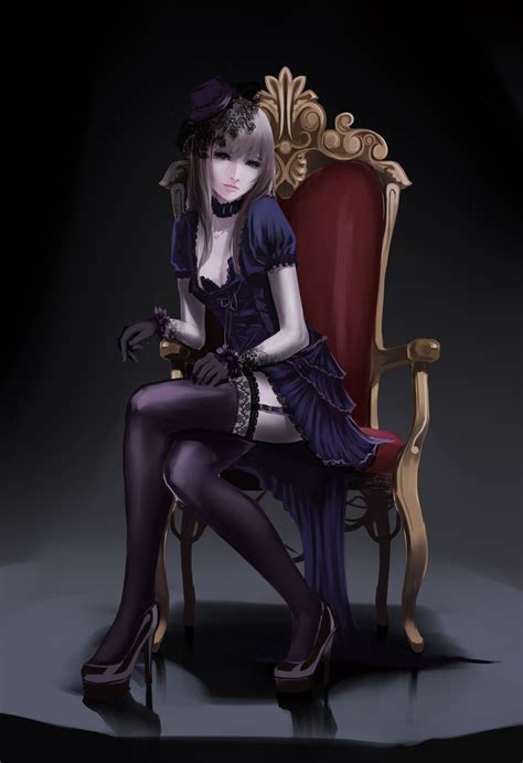 Wallpaper Gothic Anime Girl Throne Dress Resolution
