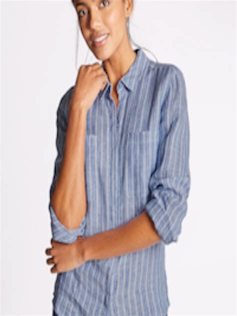 Buy Marks And Spencer Women Blue Linen Striped Casual Shirt Shirts For