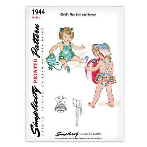Vintage Baby Playsuit Romper And Bonnet Simplicity 1944 Pattern 1600