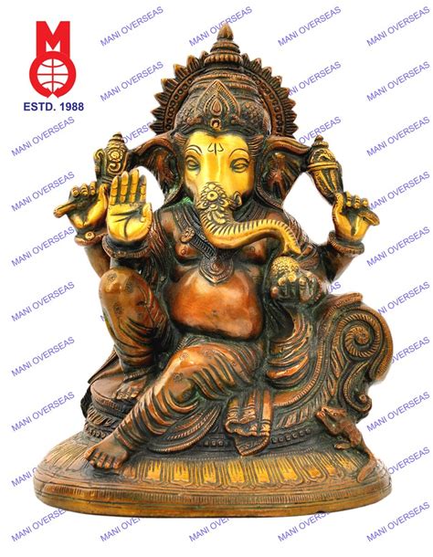 Brass Golden Gold Plated Ganesh Sitting On Designer Chair Oval Statue