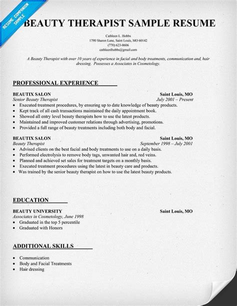 Writing a great beauty therapist resume is an important step in your job search journey. Beauty Resume Sample | We also have 1500+ free resume ...