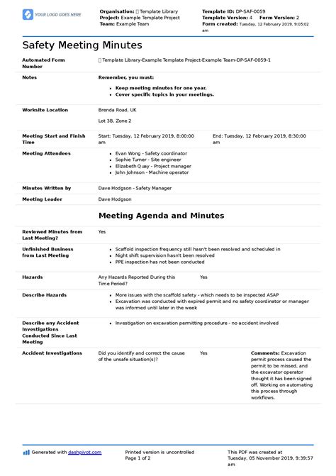 Safety Briefing Template Free For Any Health And Safety Briefing