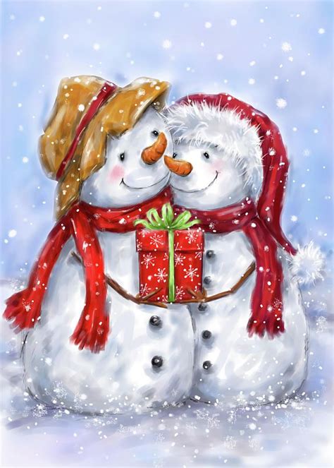 Two Snowmen By Makiko In 2020 Christmas Paintings Christmas Snowman