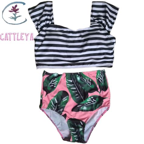 Cattleya 2017 Blackwhite Stripe Print Bikini Top Bare Shoulders Women Swimwear High Waist