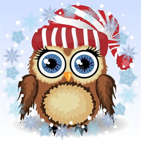 A Little Cute Owl In A Red And White Hat With A Pompon A Winter Owl