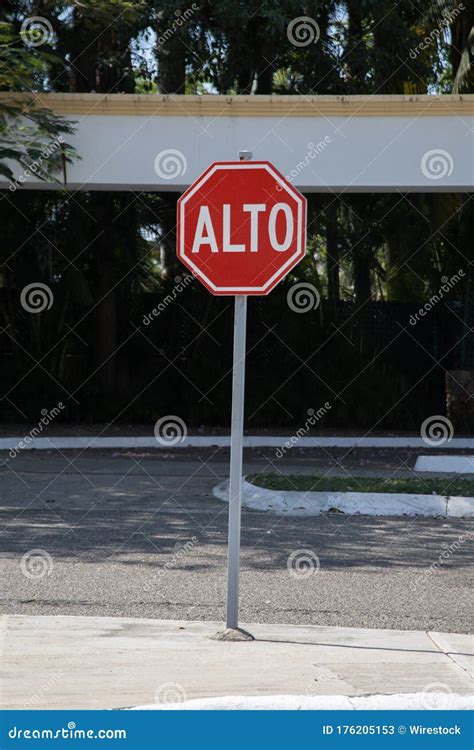 Red Alto Stop Sign On The Road Surrounded By Greenery Under The
