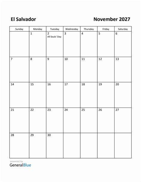 Free Printable November 2027 Calendar For El Salvador