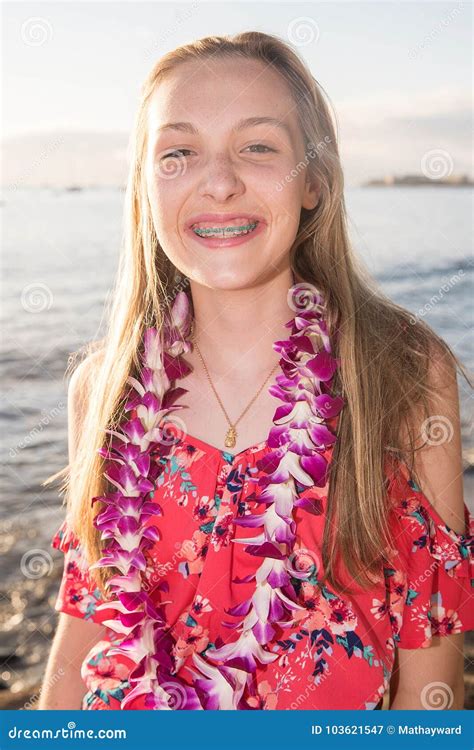 Cute Teenage Girl With Braces On Tropical Island Beach Vacation Stock