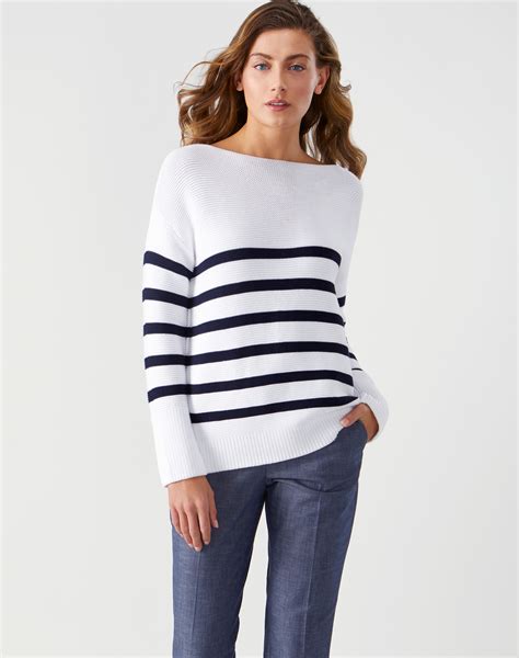 Whitenavy Stripe Cotton Boat Neck Textured Sweater Pure Collection